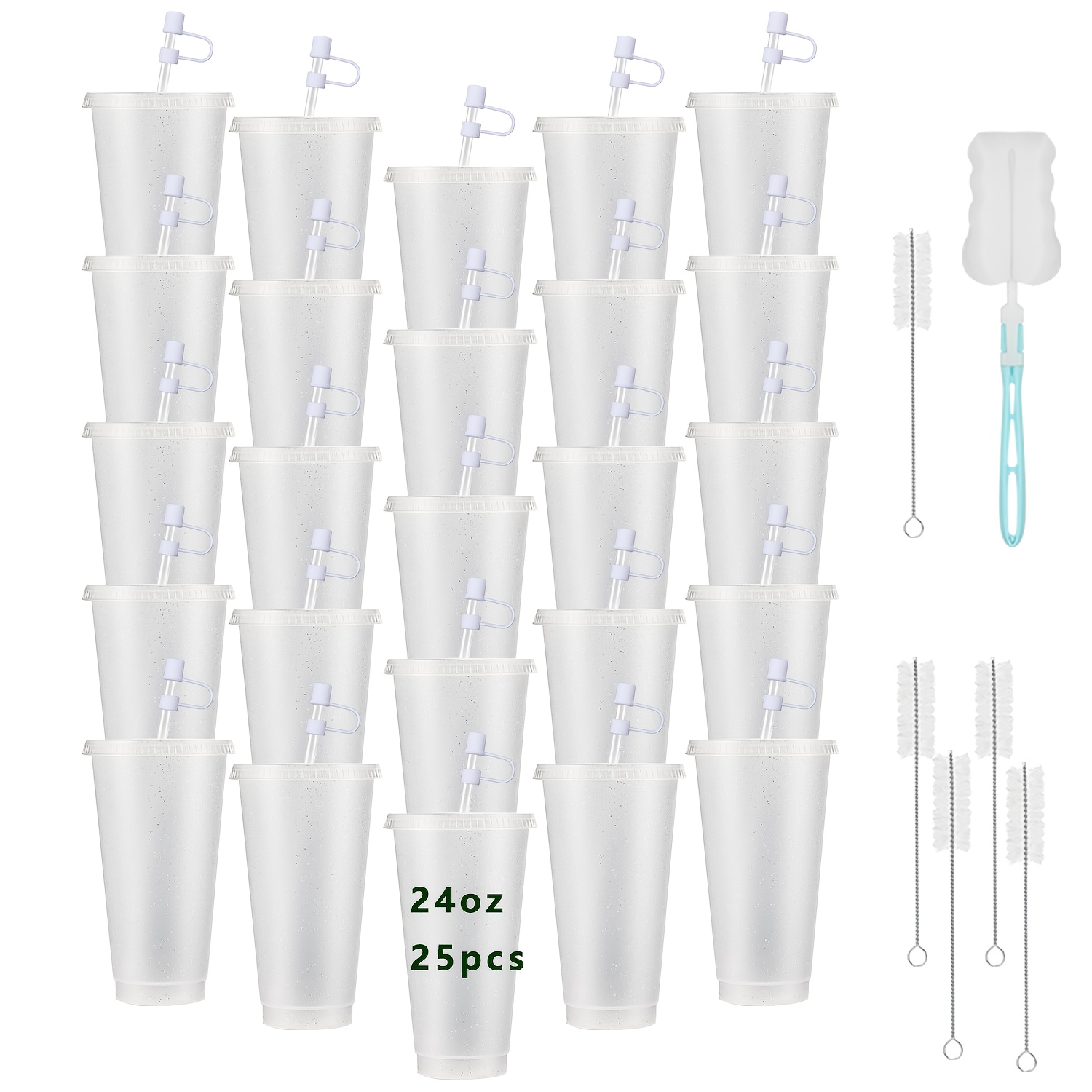 25-pack 24oz Frosted Plastic Tumblers With Lids, Straws & Dust Covers - Reusable Party Cups With Cleaning Brushes | Spring Camping Essentials & Bulk (glitter Black/pink/white/rose)