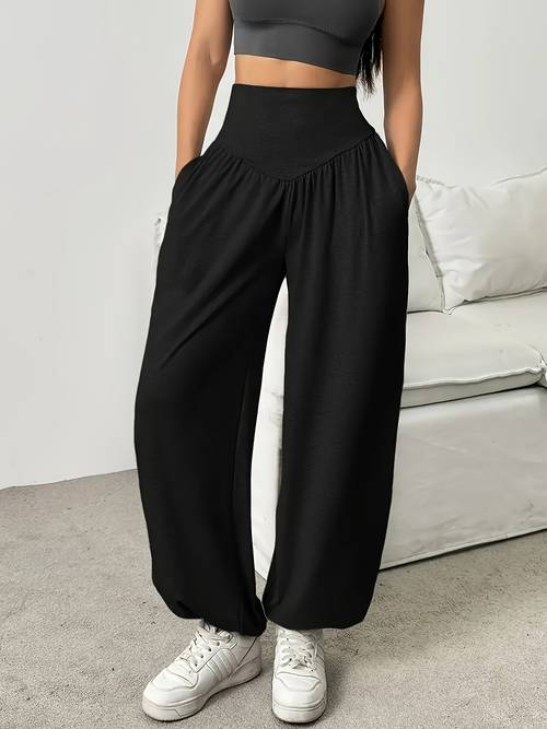 a pair of womens high waisted comfortable joggers stretchy soft wide leg casual pants suitable for running and fitness solid color versatile for