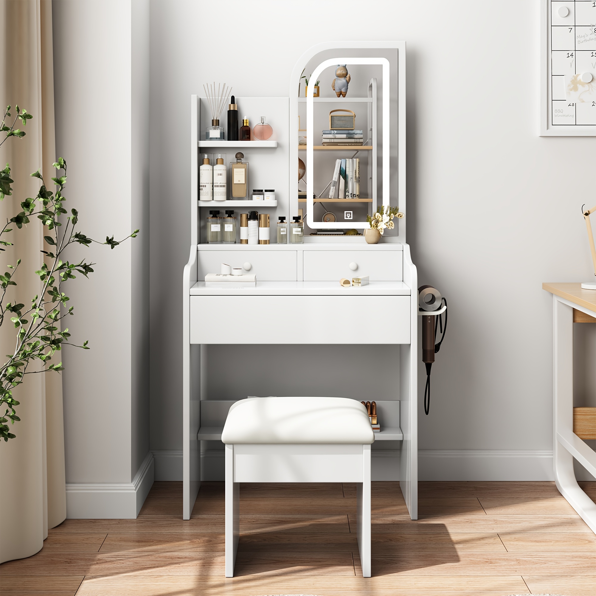 TEMU Small Space Essentials 24" White Sophisticated Dressing Table With 3 Drawers And Chair
