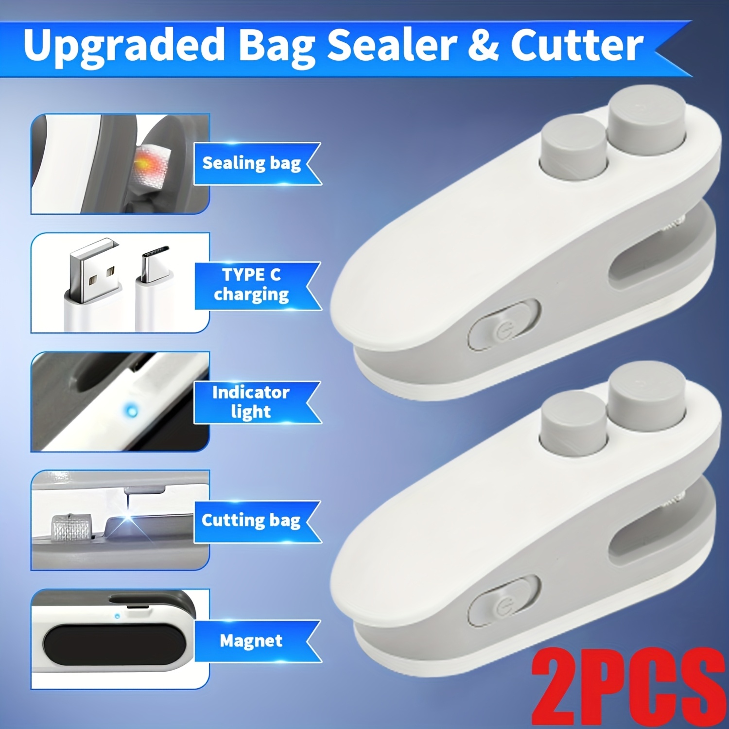 TEMU 2pcs 2-in-1 Mini Bag Sealer And Resealer - Heat Seal And Cut Fresh Food Storage Bags, Usb Powered, Rechargeable Mini Snacks Bag Sealer, Plastic