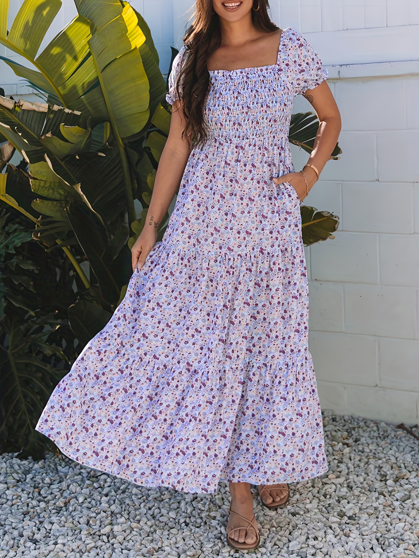 womens floral neckline short puff sleeve high - Temu Germany