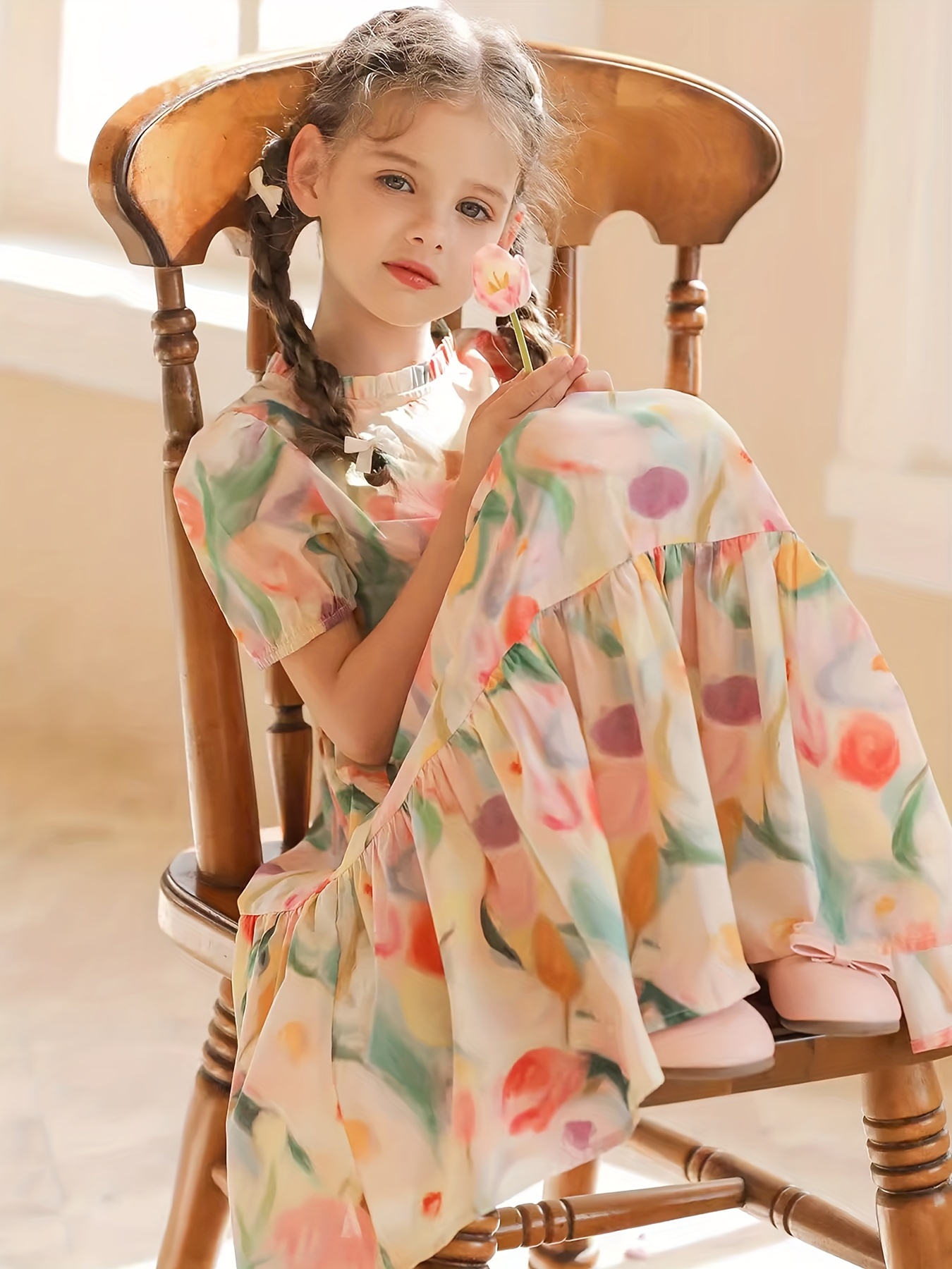 girls summer floral   dress knee length loose fit with puff sleeves round neck vibrant peach     design breathable fabric for playtime outdoor activities playtime attire comfortable wear   outdoor   flower 0