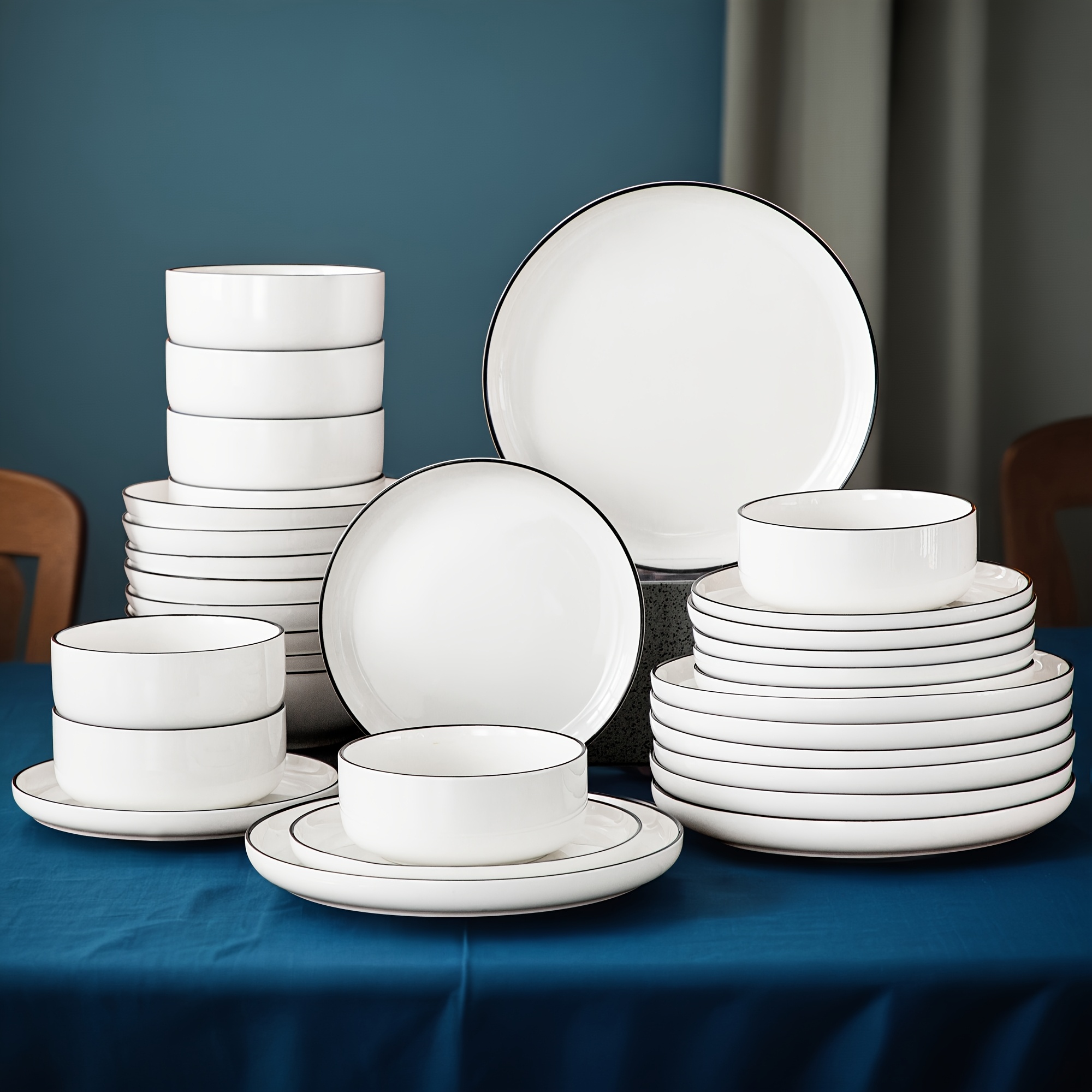 16pcs Dinner Set White With Black Rim Porcelain Tableware Plate Bowl Set Dinner Plate Dessert Plate Cereal Bowl Service For 4