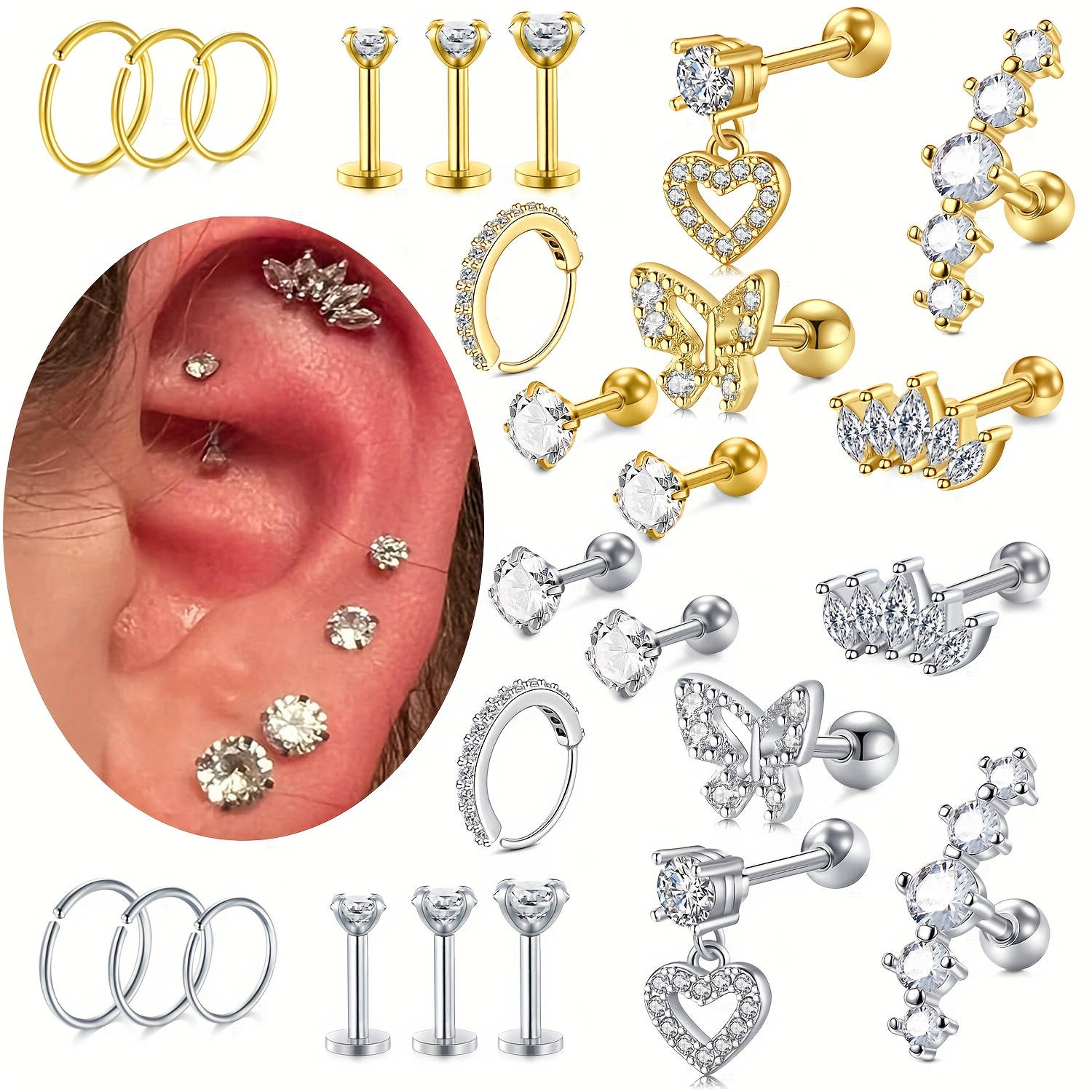 

13pcs 316l Stainless Steel Cartilage Earrings Set Inlaid Shiny Zircon Exquisite Elegant Ear Piercing Jewelry Set