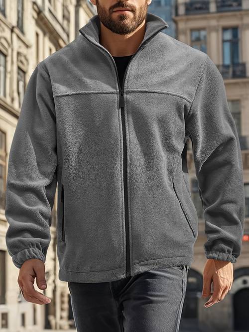 1pc Men S Casual Warm Jacket | High-End Soft Woven Fabric | 100% Polyester | Breathable & Insulating | Ideal for Indoor & Outdoor Activities | Trendy | Essential for Fall/Winter Wardrobe, Zipper Closure, Stand Collar, Regular Fit, Solid Color, Zippered Jacket, Outdoor Clothing, , Durable Construction, Coat, Urban Style