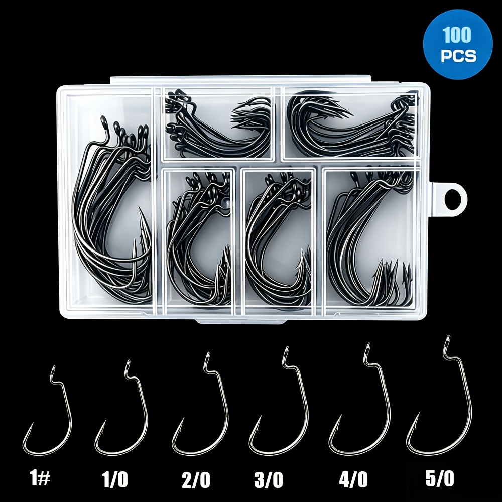 TEMU 100 stuks/doos EWG Offset Wormhaken Baars Haken Brede Opening 2X Sterk Aas Texas Rig Jig Vishaken voor Baars Zoutwater Zoetwater Maat:#4#2#1 1/0