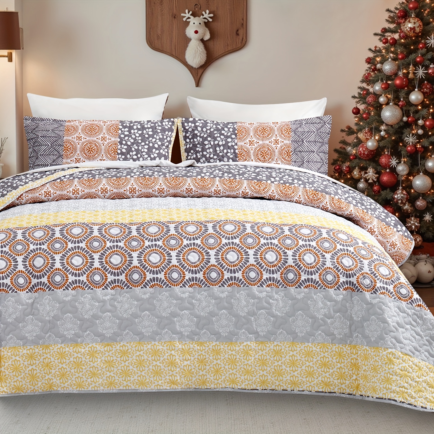 

Yellow Quilt Set 3pcs, Design With Yellow Bohemian Striped Pattern, All Season Lightweight Coverlet Sets