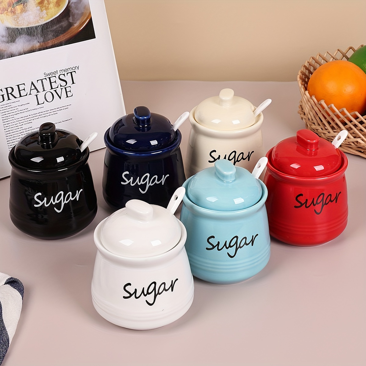 

Sugar Jar Set: Ceramic Sugar Containers With Lids And Spoons, 3.54" X 4.33", 12 Oz, Multi-color Options, Oven, Freezer, And Dishwasher Safe, Lead-free, Microwave Safe, Easy To Clean