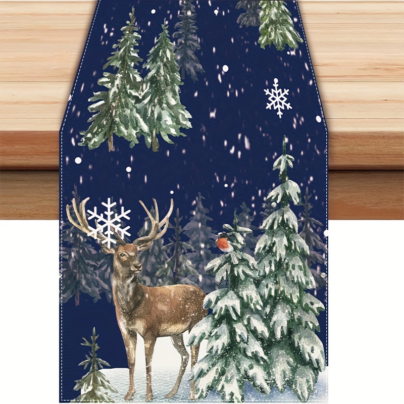 

Christmas Table Runner And Placemat Set - Polyester Woven Rectangular Holiday Table Decor With Festive Deer, Christmas Tree, And Snowflake Design For Dining Room Decoration And Party Supplies