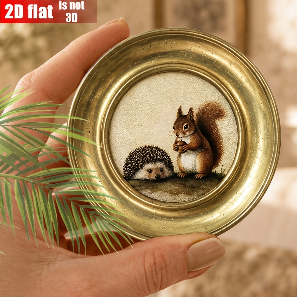 TEMU 2D Platte Houten Ronde Egel Eekhoorn Noten Bos Kleine Dieren Retro Olieverf Schilderij Decoratieve Retro Gouden Frame Individuele Creatieve