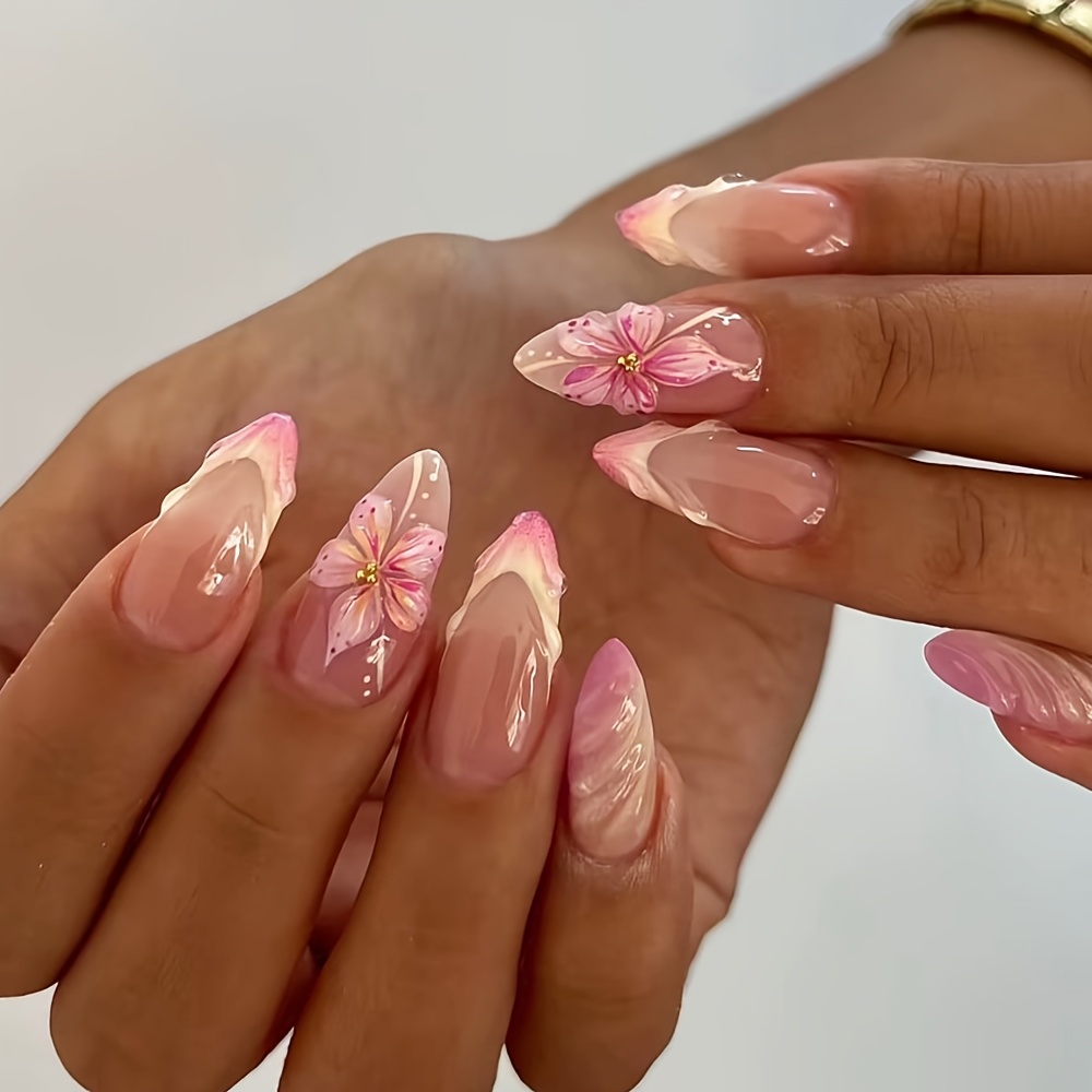 photo de l'article lot de 24 faux ongles 3d à fleurs   de goutte  ,   à fleurs roses dété, réutilisables et faciles à retirer, adaptés aux  , fêtes et diverses occasions, un   idéal pour le nail art féminin
