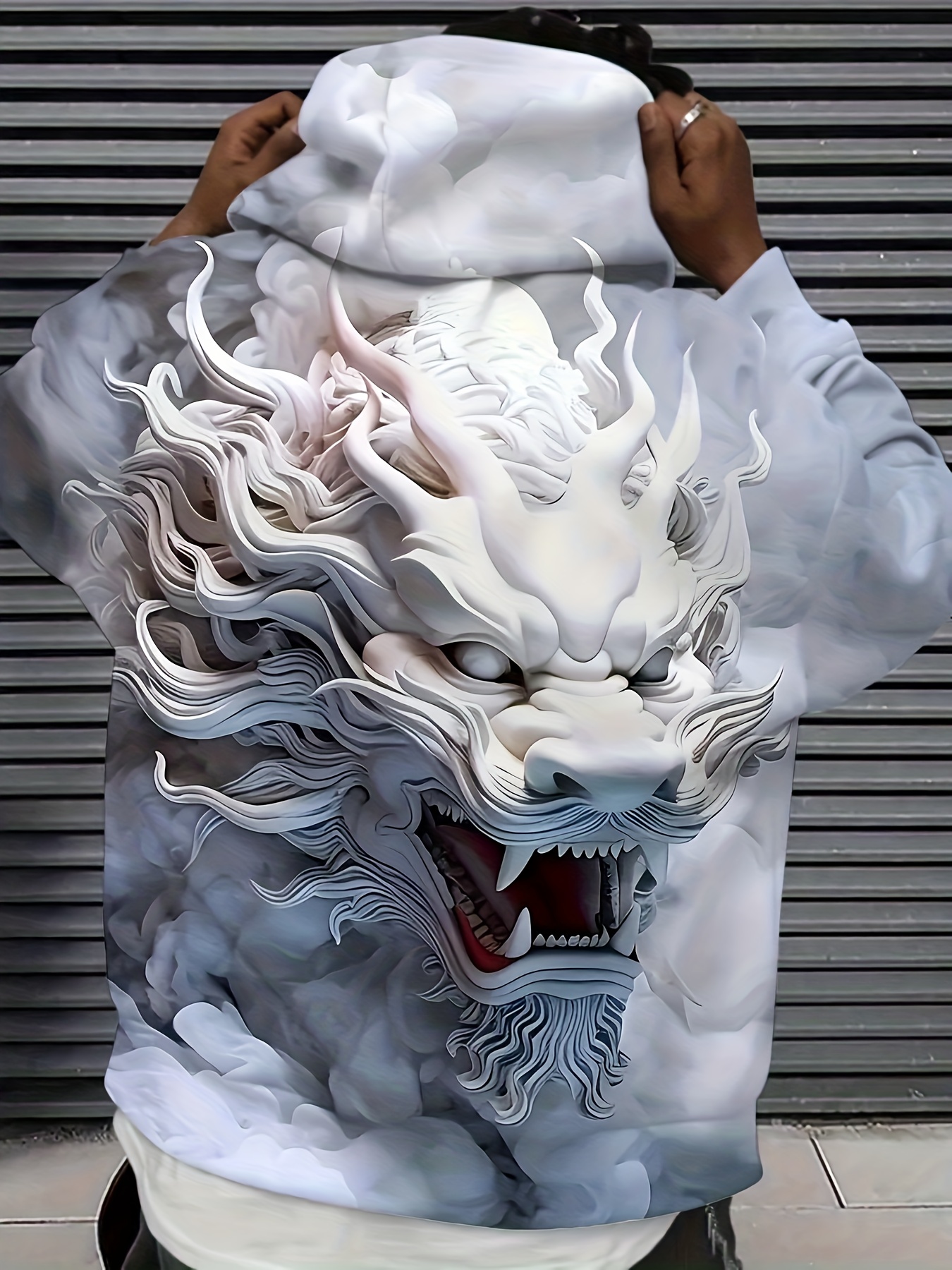 Men'S White/Gray Dragon Print Hoodie - Stretch Knit Pullover with Drawstring Hood & Side Pockets, Bold Graphic Streetwear for Gym, Casual & Winter Wear - Machine Washable Comfort Fit Athletic Sweatshirt, Men' Lion King Hoodie, Hoodie For Men