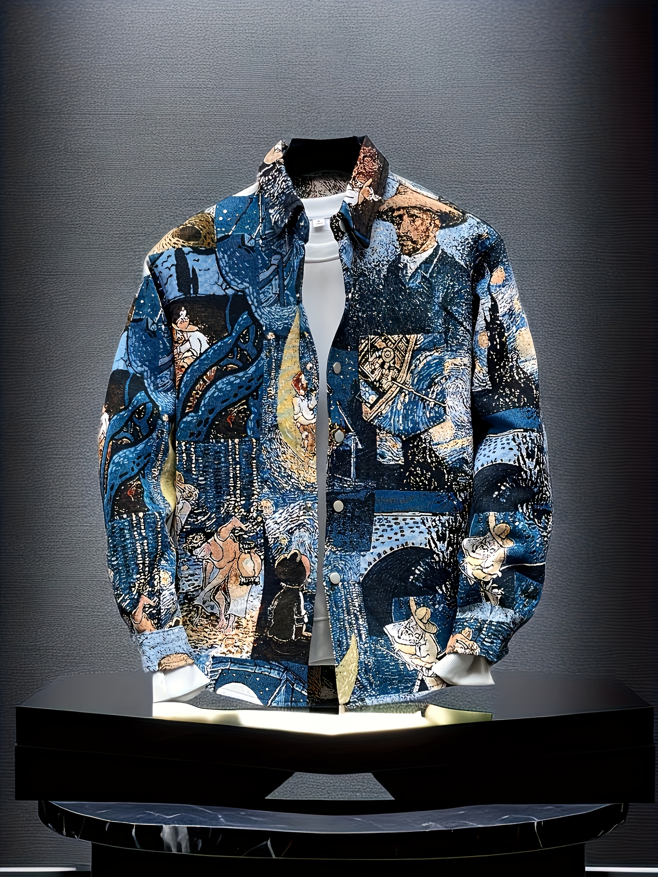 mens casual streetwear long sleeve shirt with abstract oil painting embroidery blue   button up jacket machine washable   versatile for outdoor hiking parties daily wear versatile clothing artistic embroidery nonstretch fabric 0