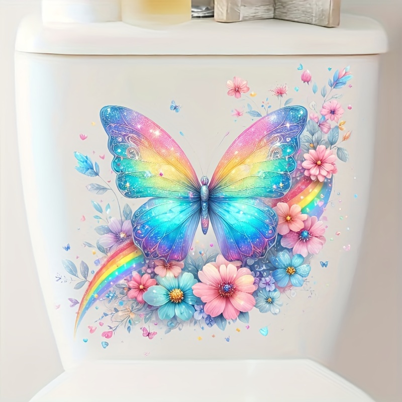 

Colorful Butterfly Toilet Lid Decal, Animal Print Self-adhesive Ceramic Surface Embellishment, Single-use Butterfly And Floral Themed Bathroom Decoration, Semi- For Home Decor