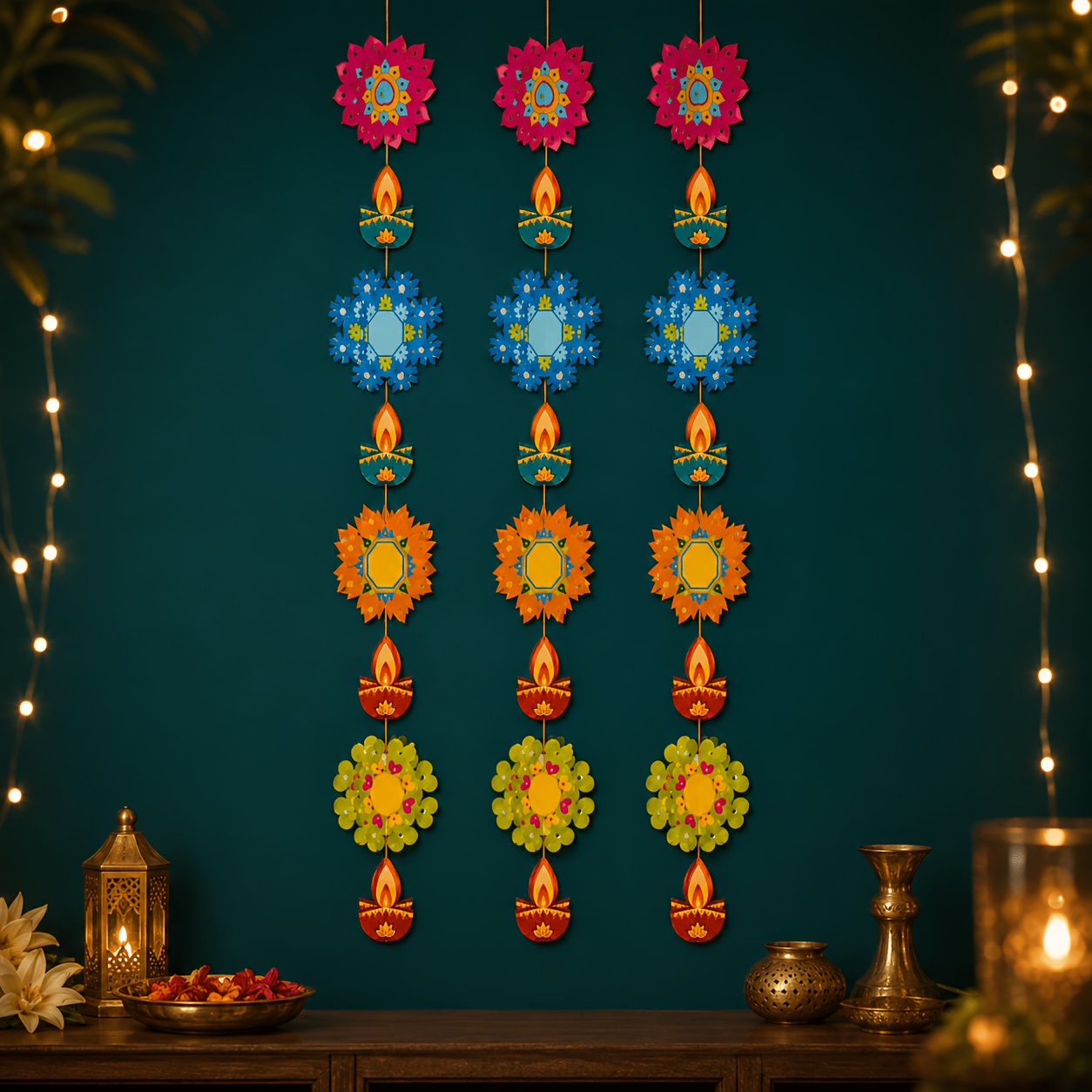 TEMU 24pcs/Set Bannière de Décoration Festival Diwali, Style Ethnique Mandala à Huile Floral Drapeau Suspendu Vertical, Décoration Murale de Porte de