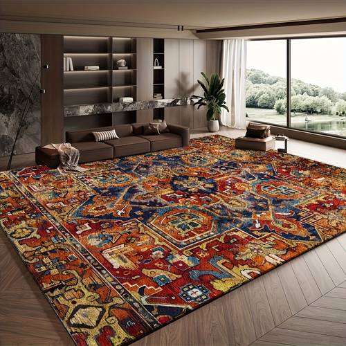 extra large with persian style geometric patterns in red blue and brown machine washable non slip backing lightweight and durable soft and comfortable suitable for living room indoor outdoor bedroom office dining room