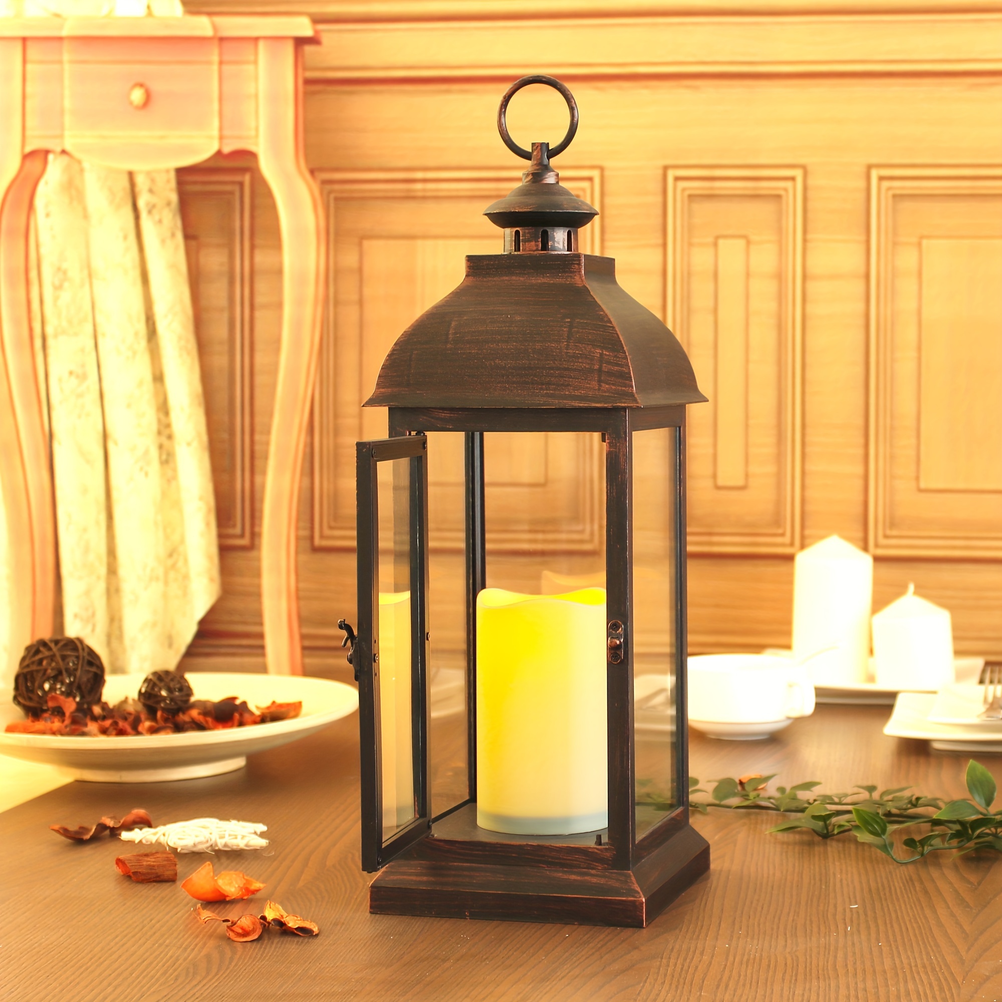 

16 Inch Height (41cm) The Door-open With Flameless Led Candle Light, Outdoor/indoor Led Lantern, Wtith Timer Candle, Plastic With Bronze Undertones. Use 2*c Batteries (not Include)