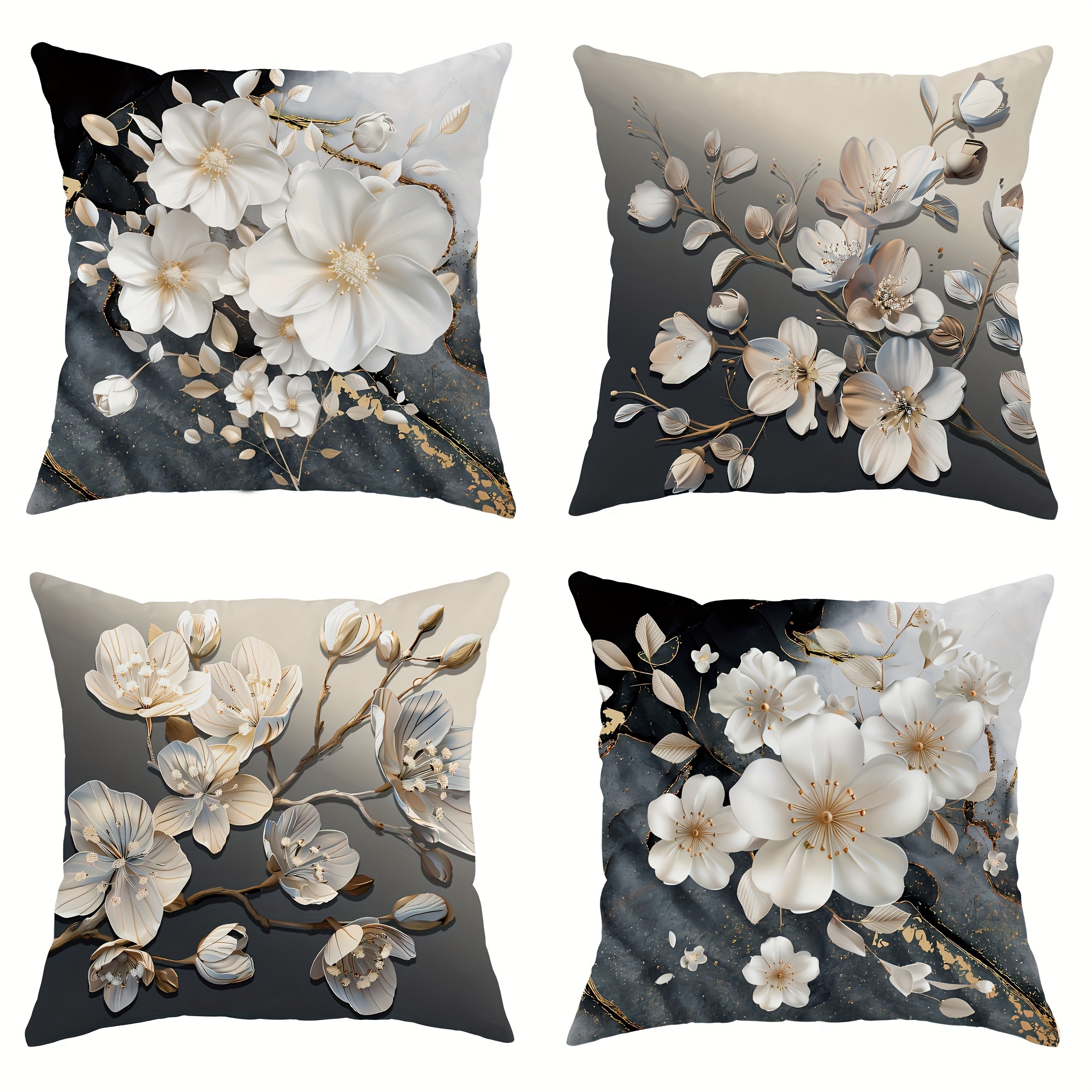 

Elegant 4-piece Floral Throw Pillow Covers Set, Black & White With Golden Accents, Zip Closure, Machine Washable - Ideal For Living Room & Bedroom Decor, 17.7x17.7in Square Cushion Cases (no Insert)