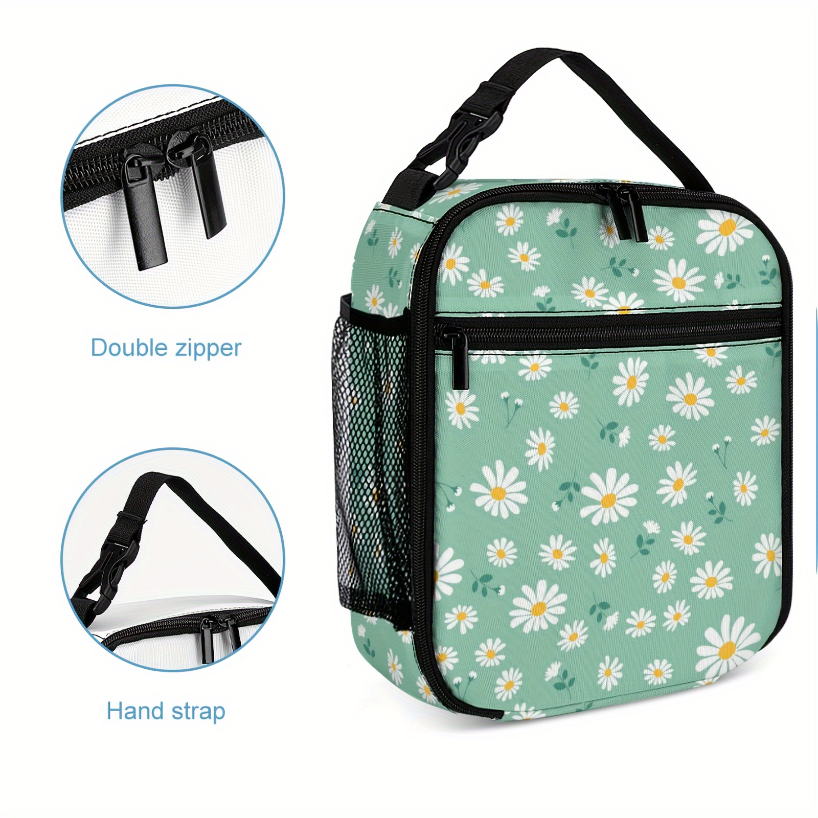 

1pc Portable Insulated Lunch Bag, Daisy Pattern Fresh Style Double Zipper Easy-to-clean Fabric For Outdoor Camping Picnic Insulated Lunch Box, Travel And Takeaway Food Container