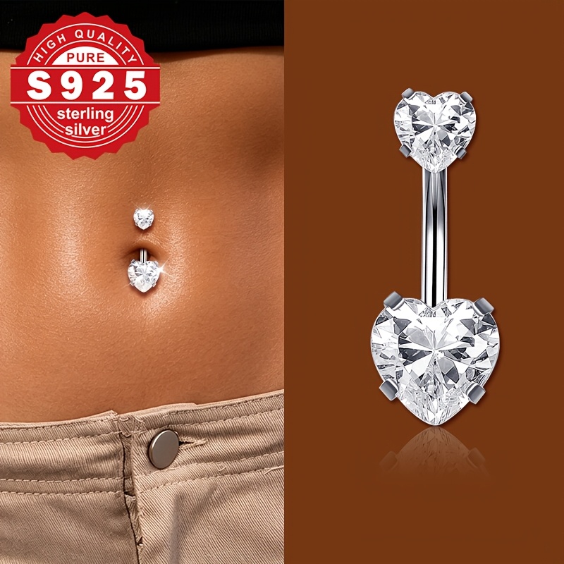 Women's Bling-bling Double Heart Navel Ring, S925 Sterling Silver