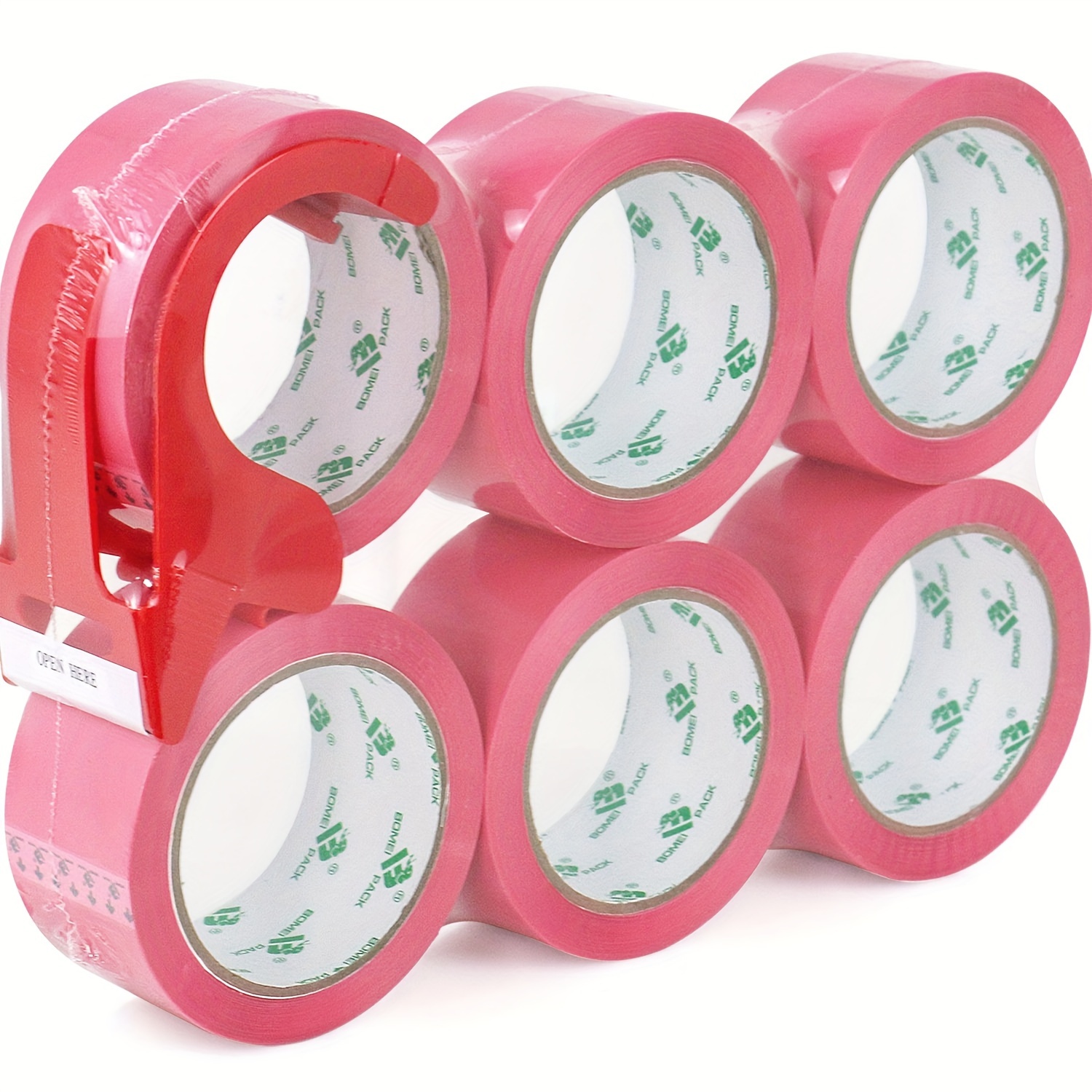 BOMEI PACK Heavy-Duty Pink Carton Sealing Tape with Dispenser - 6 Rolls, 1.88" x 50Yd - Waterproof PP Packing Tape for Moving, Shipping, Office, School & Factory Packaging