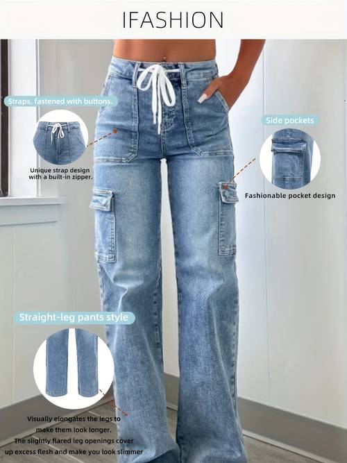 2025 new style womens leisure straight leg jeans with laces and multiple pockets casual fashion denim fabric sweatpants jeans fit womenswear