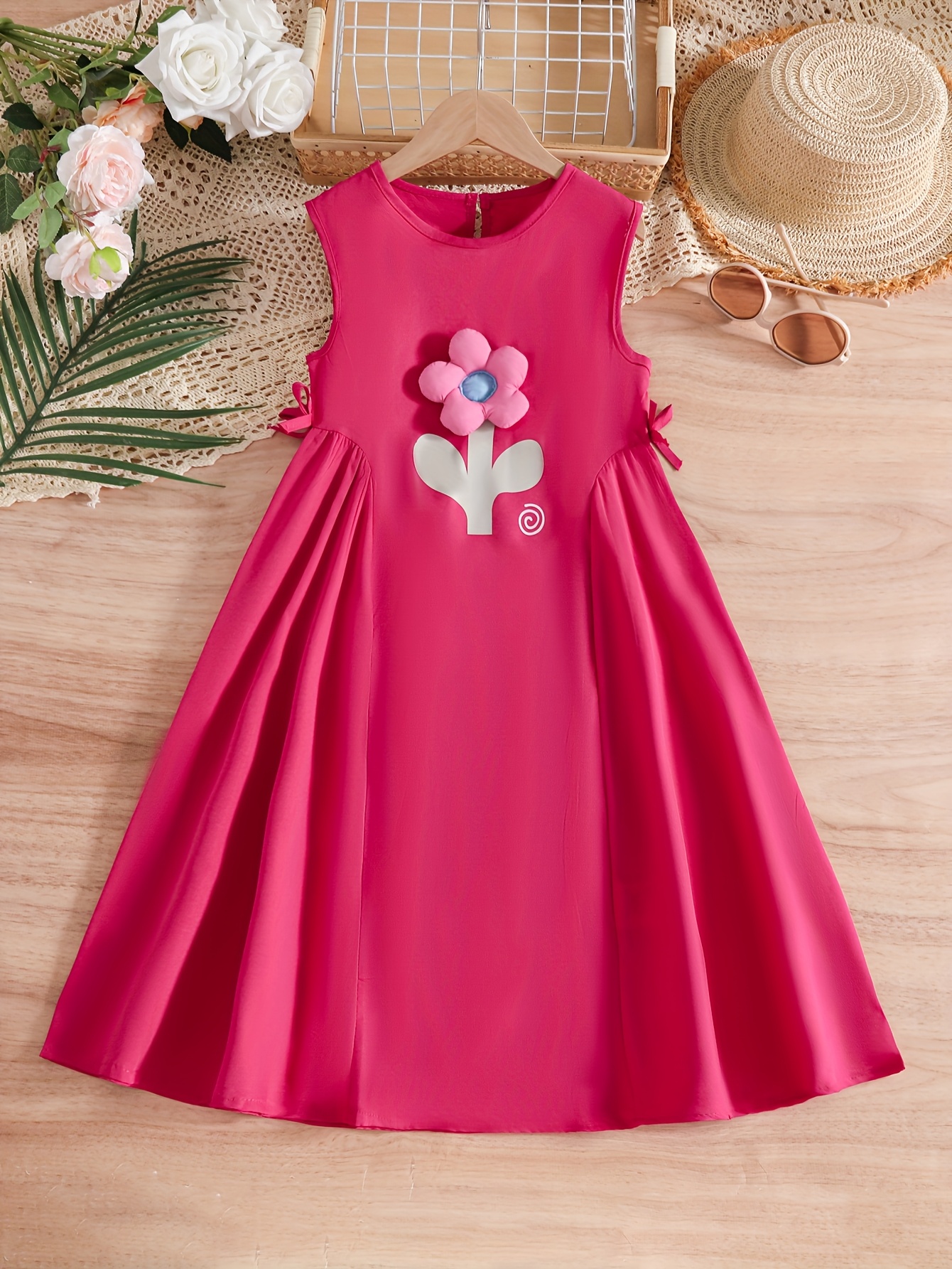 Summer New Arrival Pink Sleeveless Dress with Large Floral Applique & Bow, Korean Style Knee-Length Casual Dress for Girls, Cute and Stylish, Perfect for Outdoor