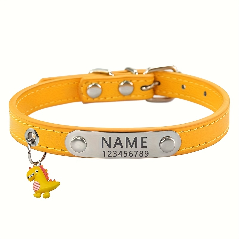 TEMU Personalized Dog Collar With Custom Engraved Nameplate Cute Dinosaur Charm Faux Leather Pet Collar Adjustable Id Collars For Small Medium Dogs