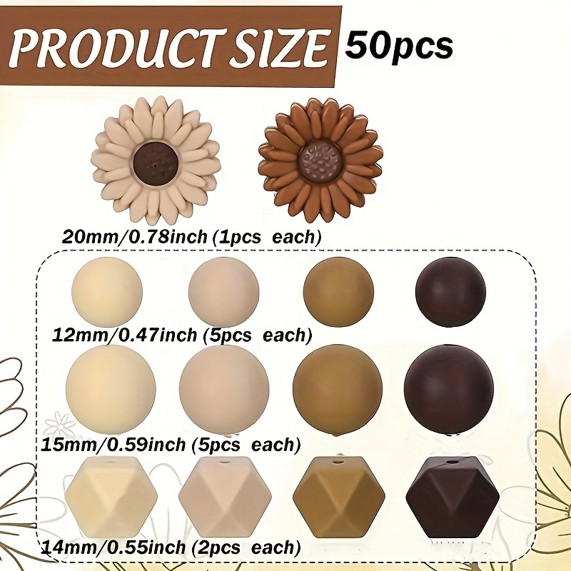Image of 50pcs Of Silicone Beads, 12mm/15mm Round Beads, Dark Sunflower Loose Spacer Beads, Suitable For Diy Handmade Jewelry Making, Daily Decoration, Holiday Gifts And Ladies' Gifts