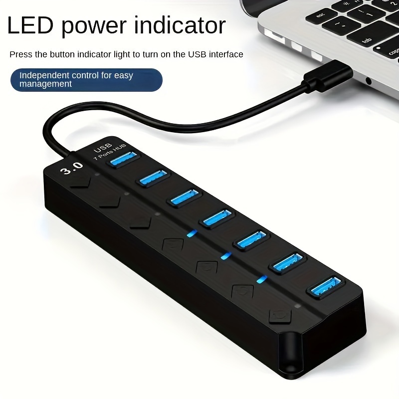 

High-speed 7-port Usb 3.0 Data Splitter With Individual On/off Switches And Led Indicators, 0.82ft Cable Extension For , Pro/mini, Pc, Laptop - Space Saving Design