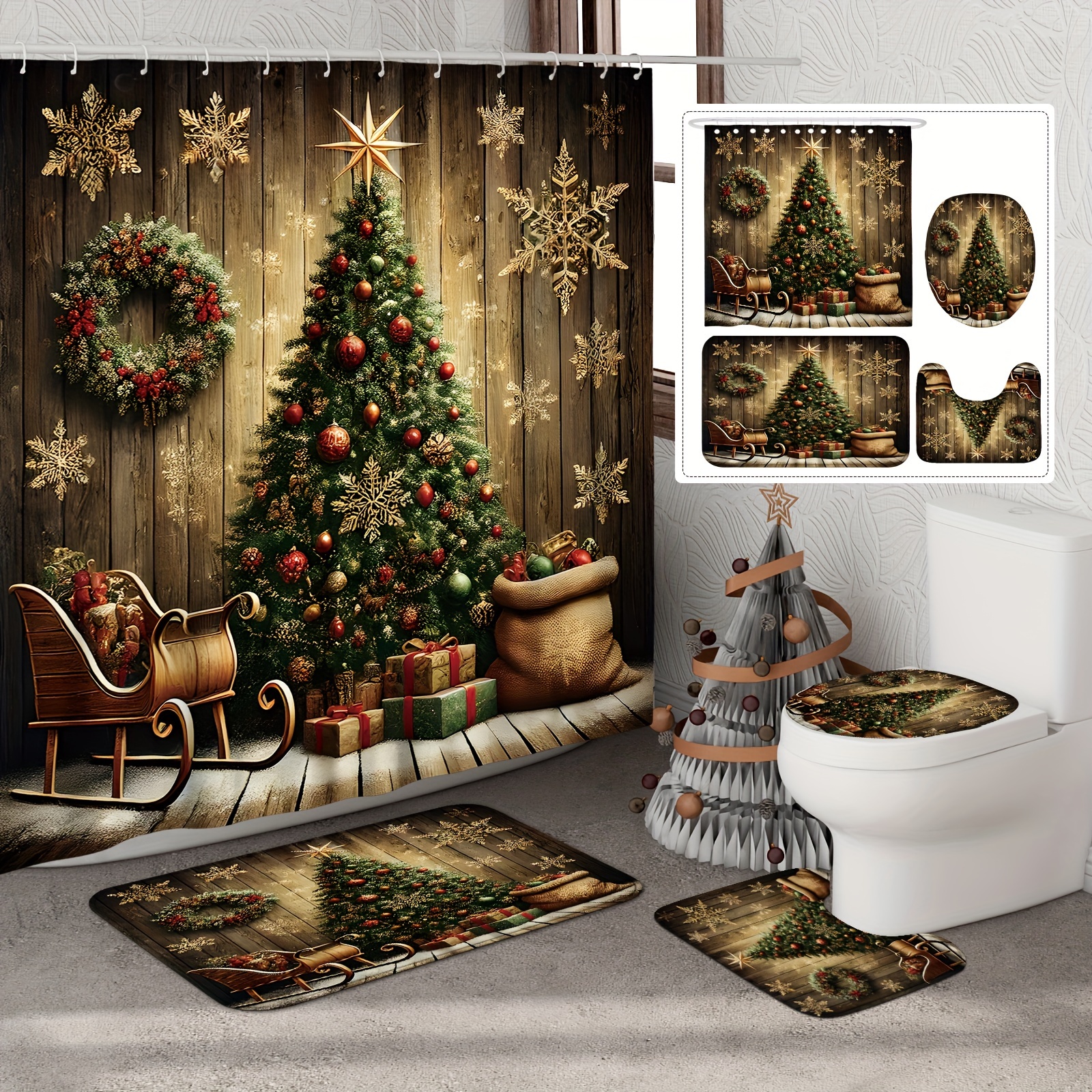 

Christmas Tree Shower Curtain Set With Design, Includes Non-slip Bath Mat, Contour Rug, Toilet Lid Cover, And 12 Hooks, Machine Washable Polyester Fabric For Holiday Bathroom Decor