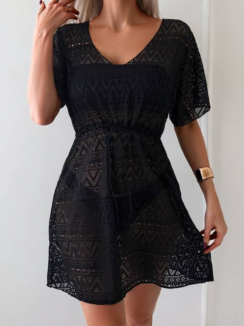 womens solid color cover up dress with a drawstring waist and see through design summer vacations beach and poolside relaxation