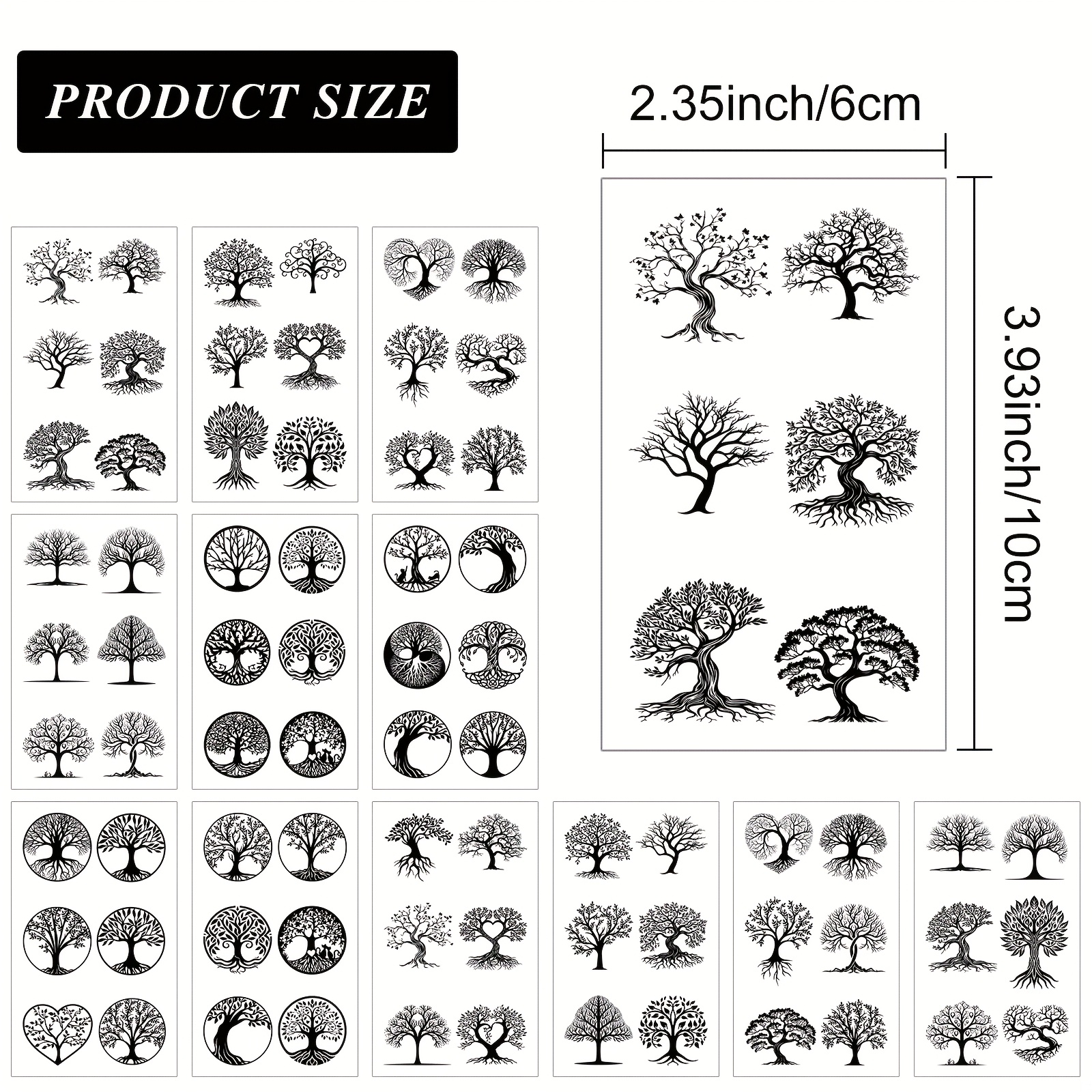 Image of 12 Sheets Black And White Tree Temporary Tattoos, Party Decoration Items, Waterproof And Long-lasting Fake Tattoo Stickers, Body Art, Size: 10x6cm