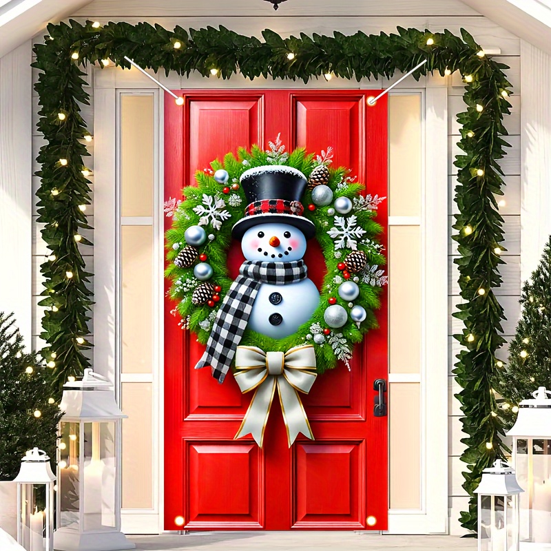 

Hego Polyester Snowman Wreath Door Banner - 35x70 Inch Seasonal Decor, Entrance Hanging Flag For Christmas & New Year Without Electricity - 1pc