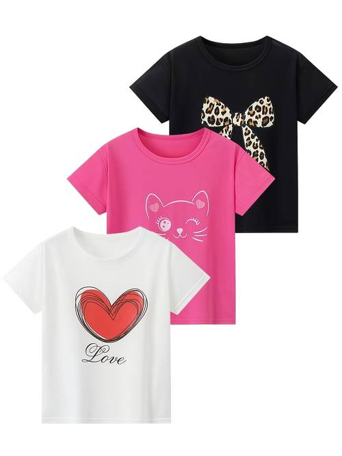 3pcs set of girls short sleeve spring summer to large children girls round neck tops heart cat leopard print bow pattern sister outfit t shirts outdoor young girls casual sports running short sleeves daily wear loose breathable valentines day
