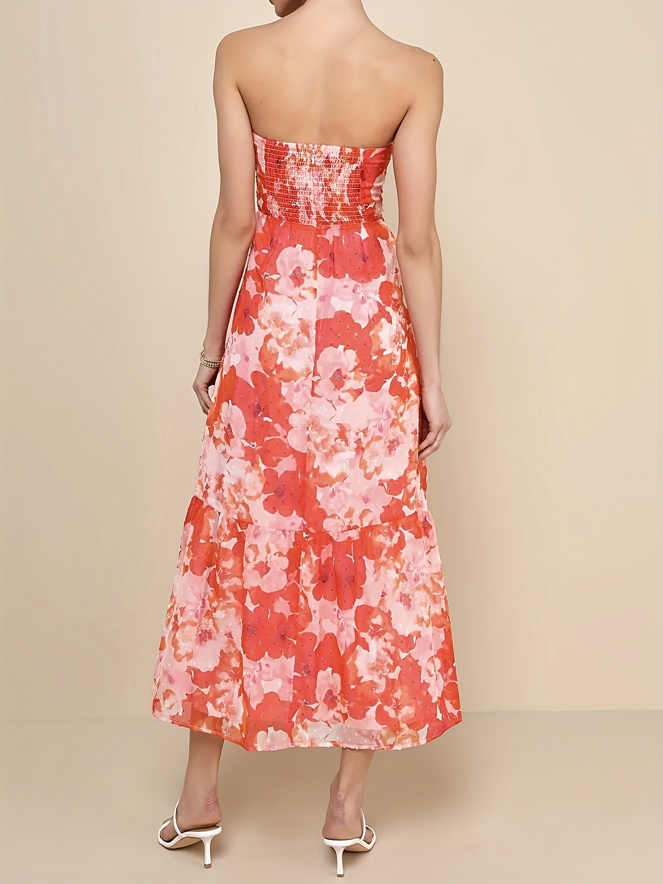 womens elegant strapless floral print chiffon dress a