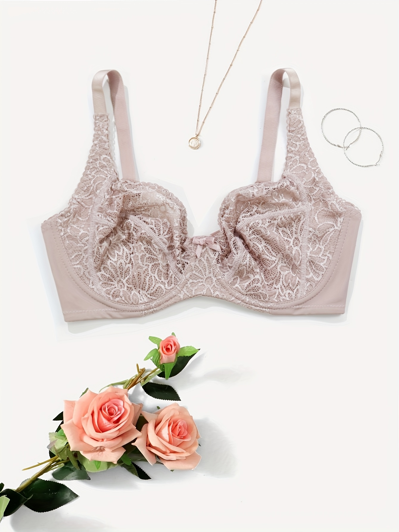 Women's Plus Elegant Bra, Plus Size Bow Decor Floral Lace Non Padded Underwire Bra