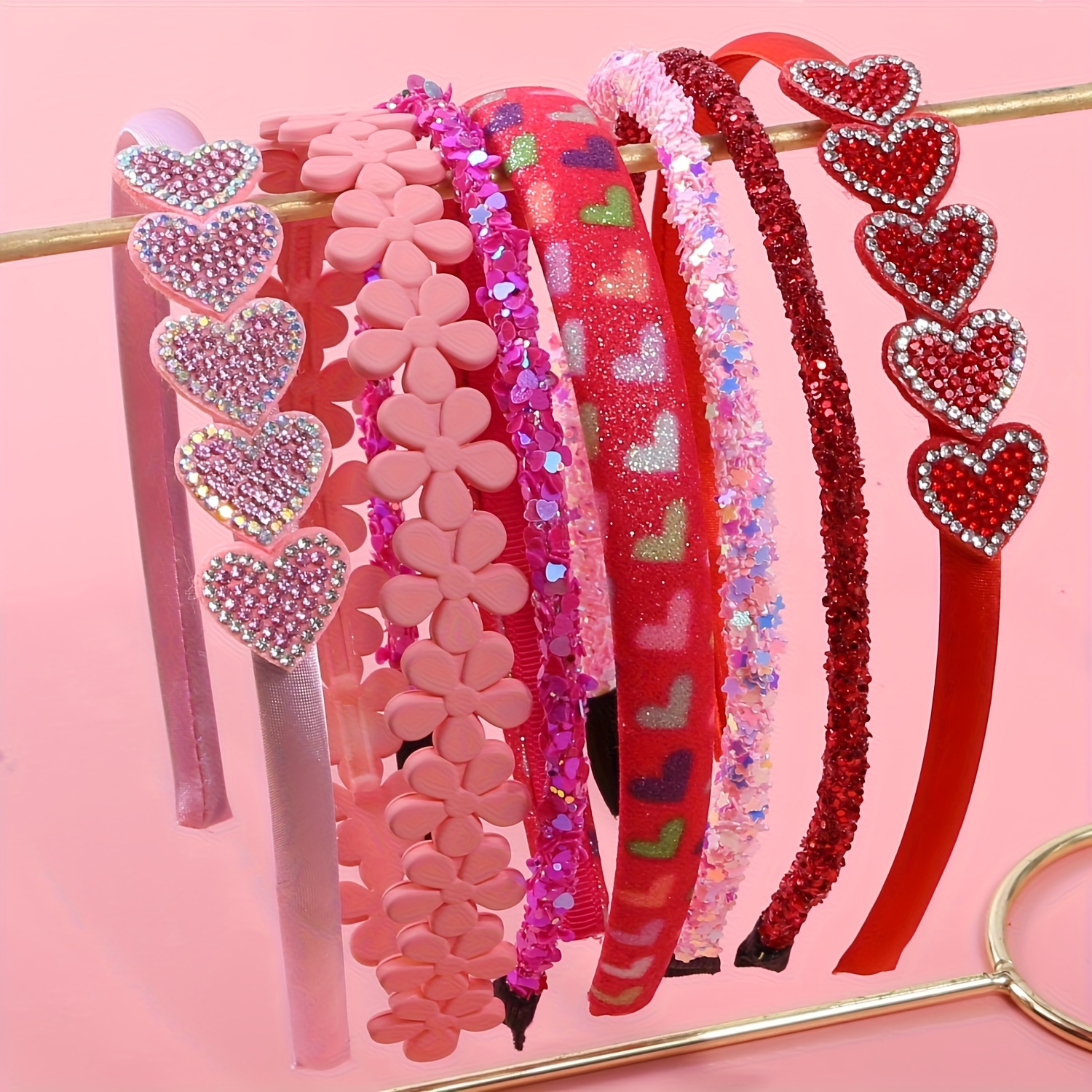 Image of 7pcs Valentine's Day Combination Set: Women's Sweet Heart Hairbands, Printed Heart-shaped Hair Ties, Valentine's Party Hair Accessories