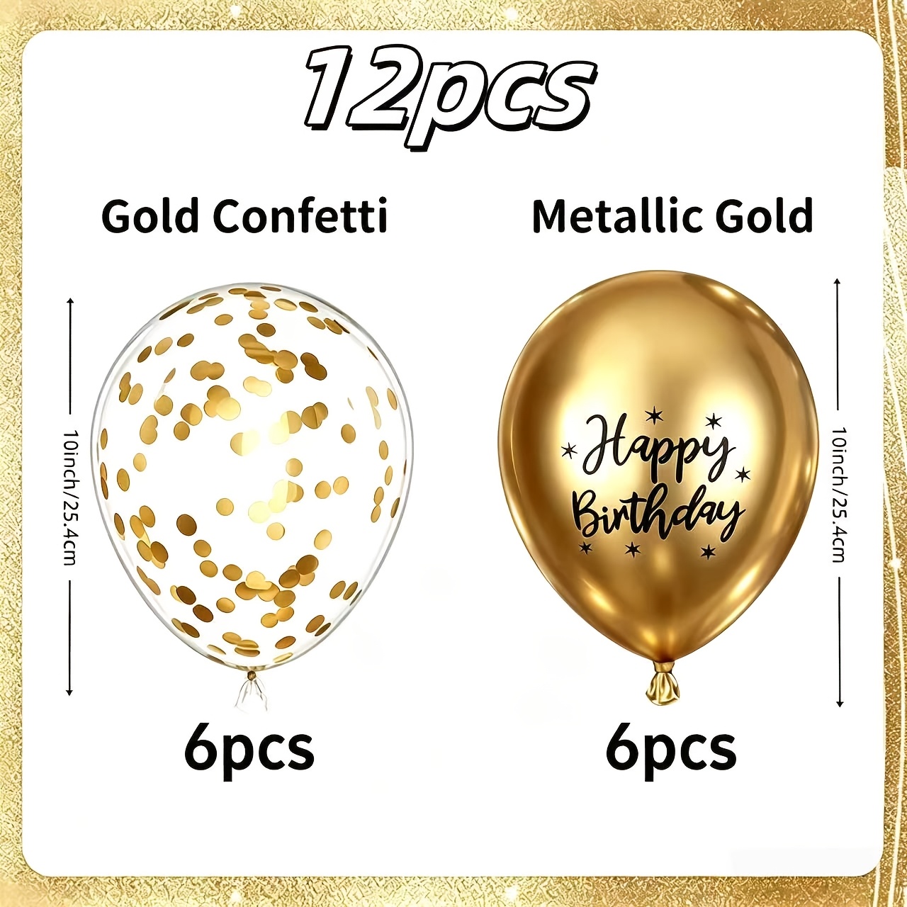 TEMU 12pcs Of "happy Birthday" Metal Golden Silvery Balloon Set, With Glitter Latex Balloons, 10 Inches, Suitable For Birthday Parties, Ceremonies,