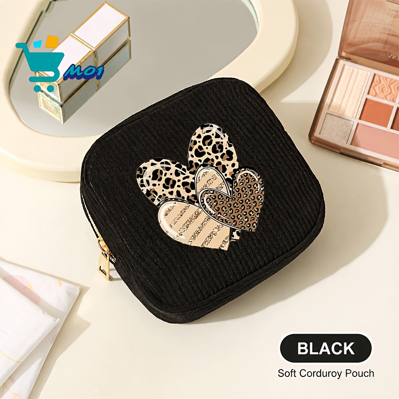 TEMU 1pc Leopard Heart Pattern Print Portable Cosmetic Organizer Suitable For Lipstick Nail Polish Travel Essentials Knit Menstrual Pad Bag Portable