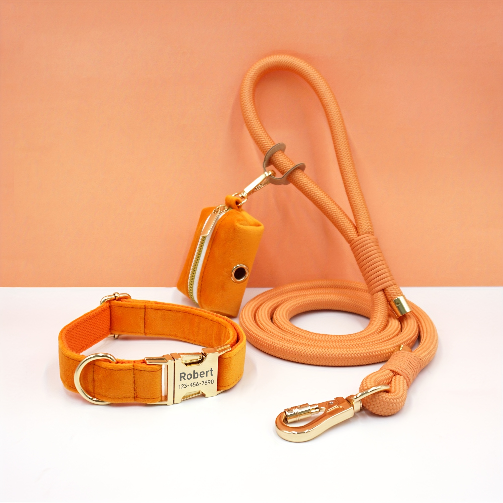 Customizable Soft and Comfortable Velvet Pet Dog Collar with High-Tensile Zinc Alloy Hook Buckle, Hand-Woven Round Rope Waste Bag Set. Free Laser Engraving of Pet Dog's Name and Owner's Phone Number. Dog Birthday Gift, Wedding Gift, Christmas Gift