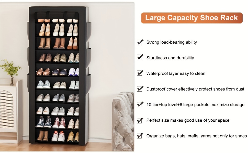 10 Tier Shoe Rack Grey Shoe Storage Large Capacity 50-56 Pairs Beautiful Tall Shoe Shelf Shoe Storage Cabinet Shoe Racks For Entryway Closet