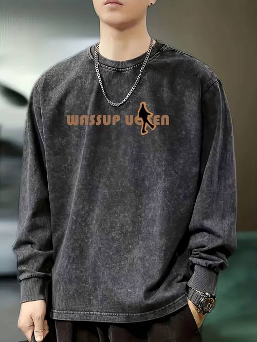 item picture mens 100 washed t shirt versatile crew neck long sleeve top with letter print for spring autumn casual wear
