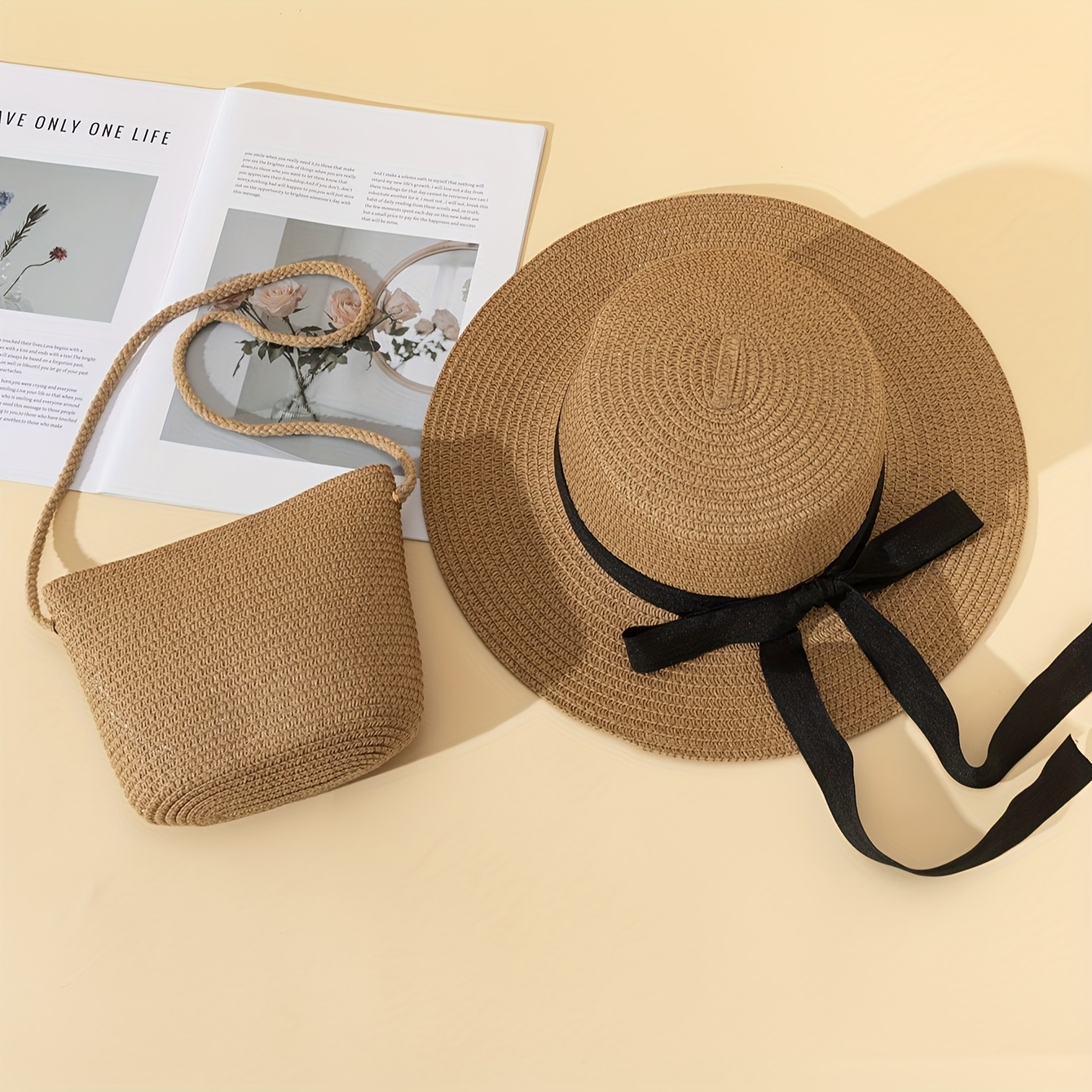 a khaki flat top straw hat made paper straw a - Temu United  display picture 2