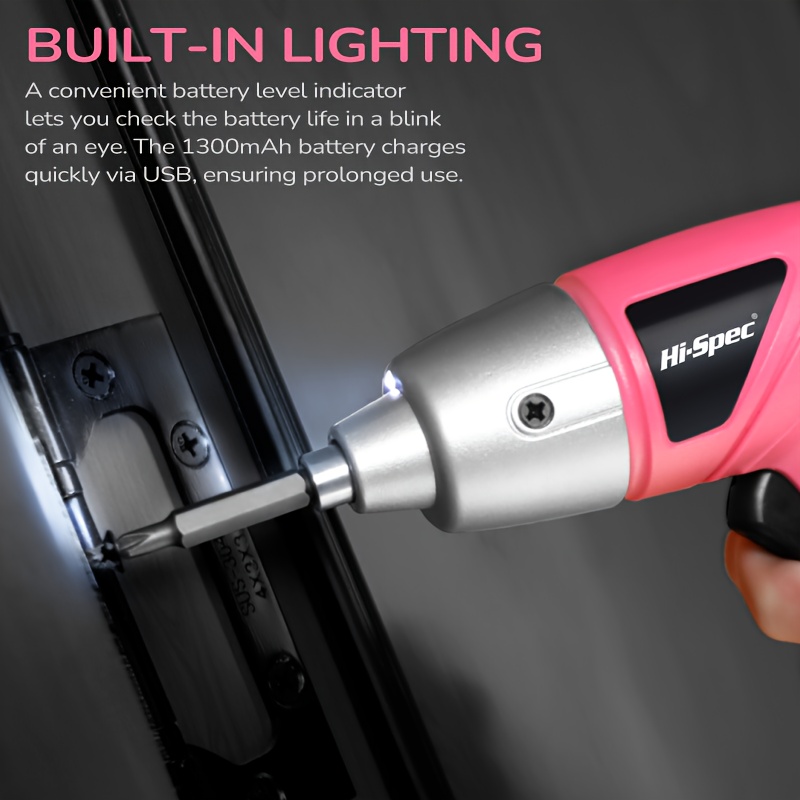 hi 6v electric screwdriver in pink a usb rechargeable lithium battery handheld tool kit portable and in multiple colors suitable for home the kit a claw hammer screwdrivers drill bits Product details 5