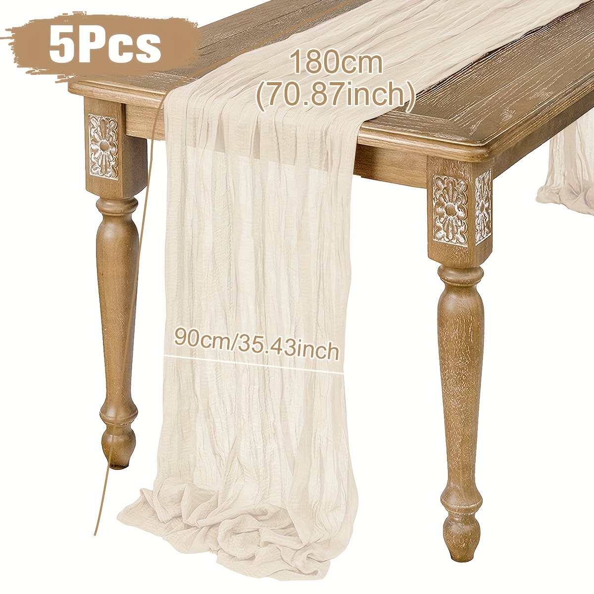 5pcs, Beige Soft Gauze Table Runner, Polyester Cream Ivory Beige Gauze Pleated Table Runner Flag Tablecloth - Easter, Christmas, Baby Shower, Wedding & Birthday Party Tablecover Decor - "x35.4"