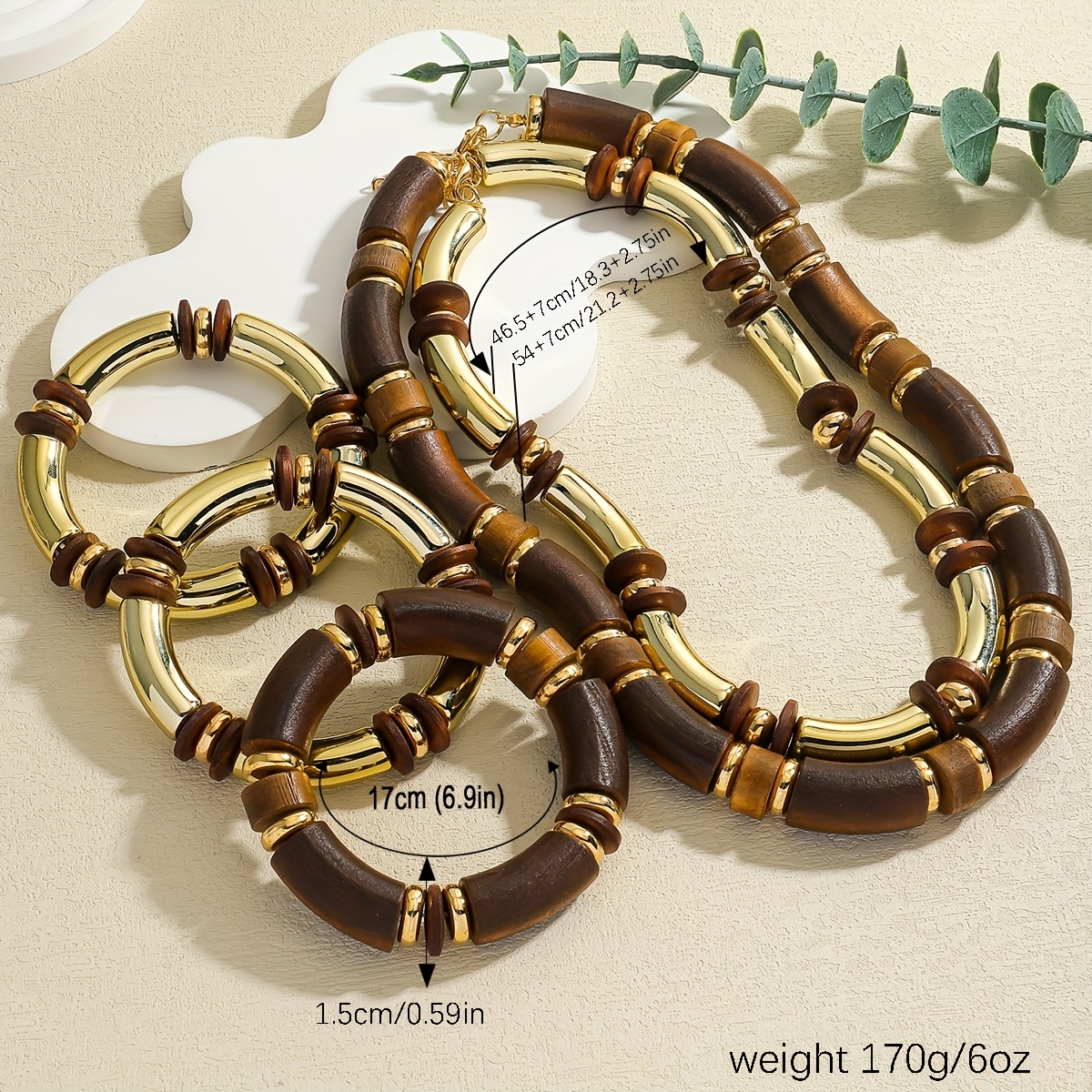 Vintage Boho Wooden Bangle & Necklace Set - Light Brown Tone