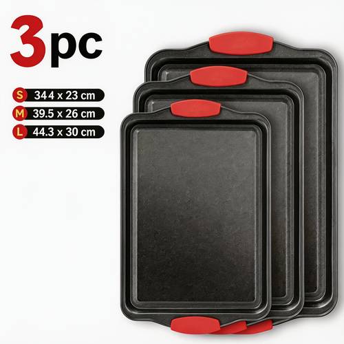 1pc 3pcs set of carbon steel non stick kitchen oven baking pans luxurious and stylish non stick interior and exterior commercial grade metal baking pans with red silicone handles
