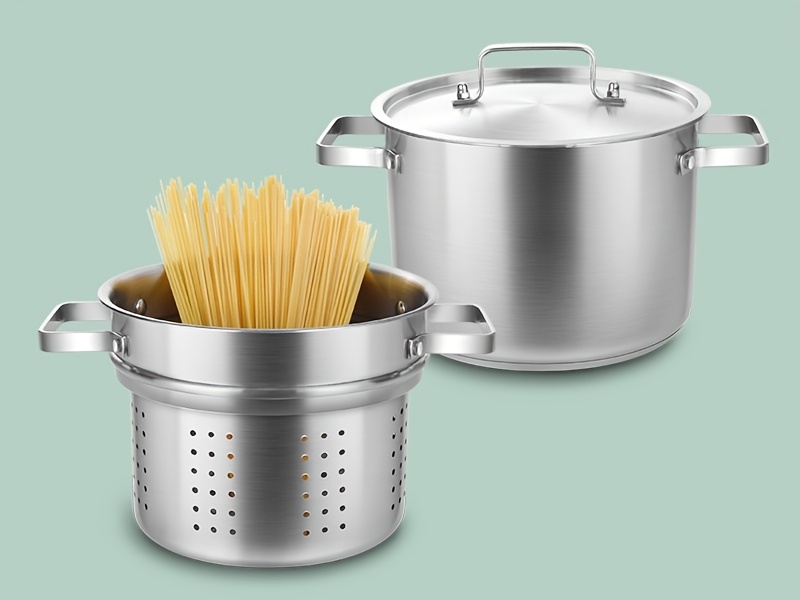   stainless steel pasta pot set with steamer basket and lid   cookware boiler for steaming and cooking kitchen essentials details 2