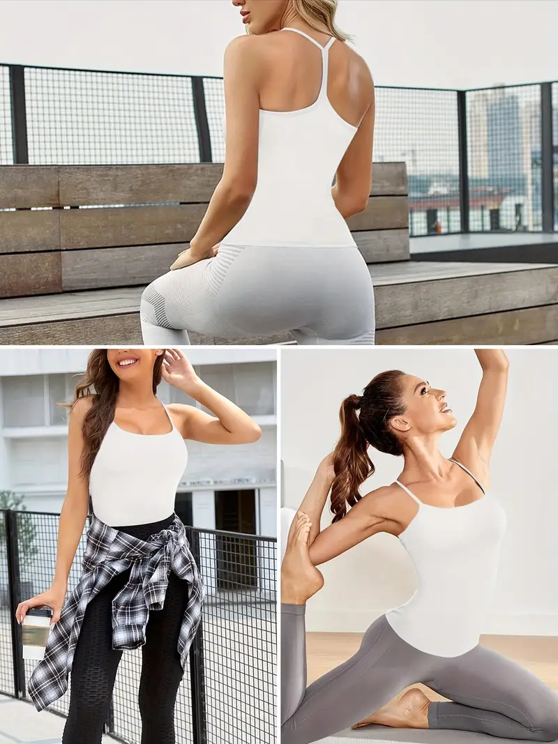 Solid Workout Tank Tops For Women, Built In Bra Cami Top Yoga Shirts,  Athletic Racerback Tank Running Sports Tops